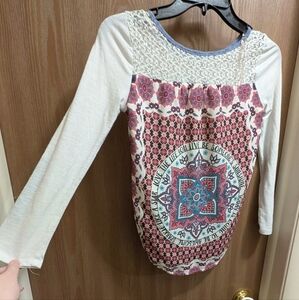 Bohemian Long Sleeve Top - Cream and Multicolor Mesh Lining SM Blue Trim